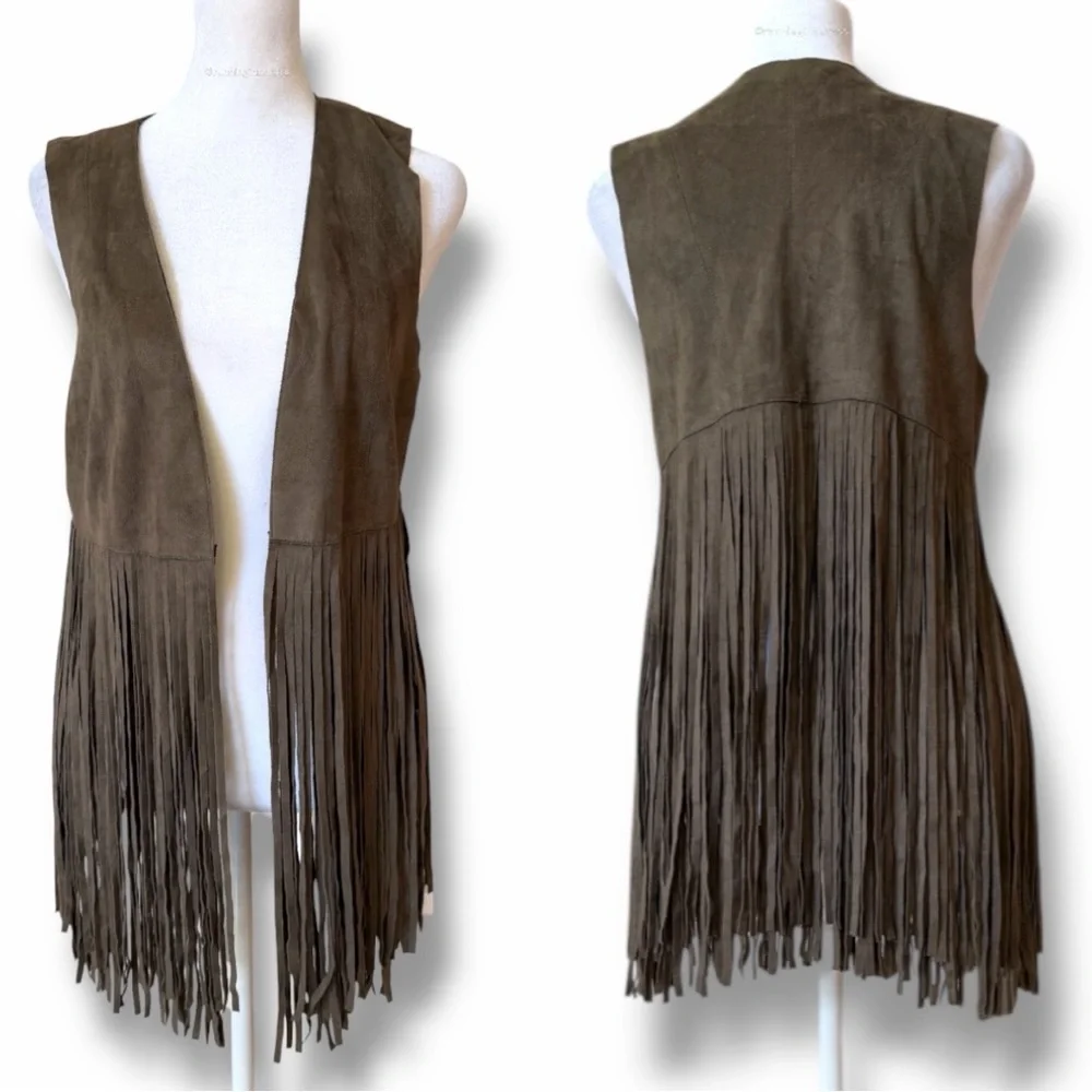 FATE Woodstock Olive Green Faux Suede Fringe Vest Western Festival Boho  Small - Picture 4 of 13